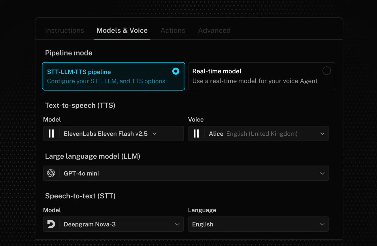 Voice agent configuration screen for choosing between an STT-LLM-TTS pipeline and a real-time model, with separate speech-to-text, language model, and text-to-speech selections