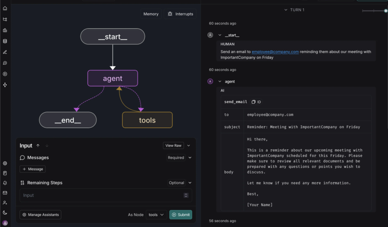 LangGraph agent workflow showing model reasoning, tool execution, and multi-step orchestration