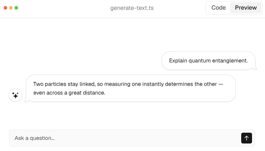 Vercel AI SDK chat preview showing streamed model responses in a TypeScript application