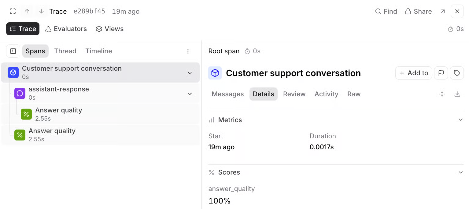 Braintrust Logs trace with Evaluators tab and nested answer_quality score on a production conversation
