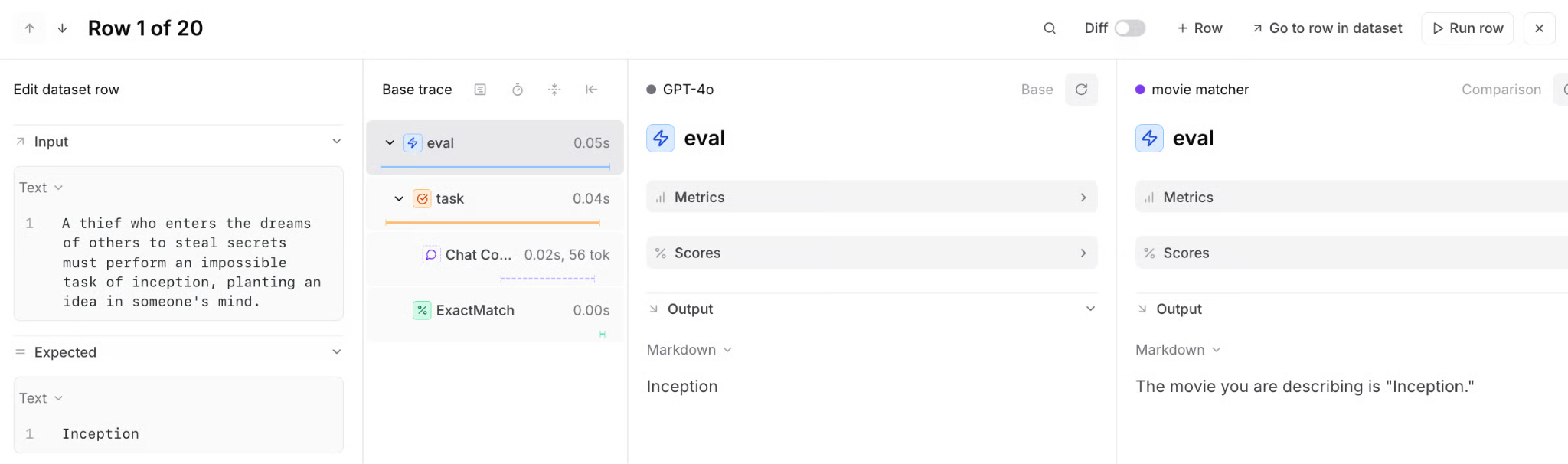 Braintrust experiment row comparing base and comparison outputs for the same dataset input