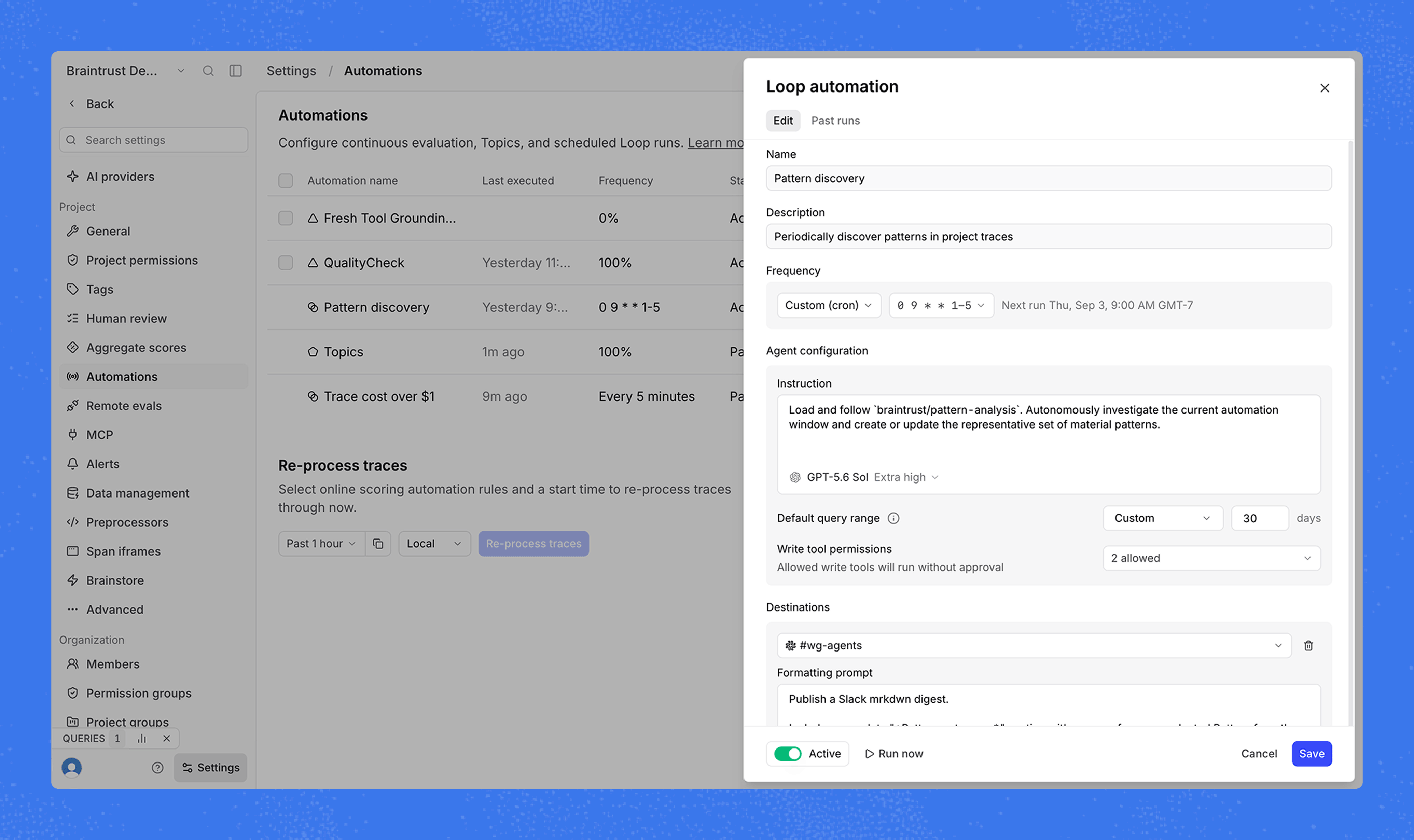 Alert configuration panel with a SQL filter and Slack channel delivery option