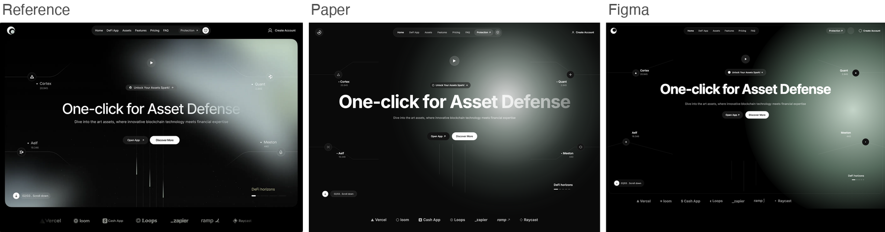 Reference for defi, dark glassmorphism DeFi hero, next to Paper's and Figma's best-of-three recreations