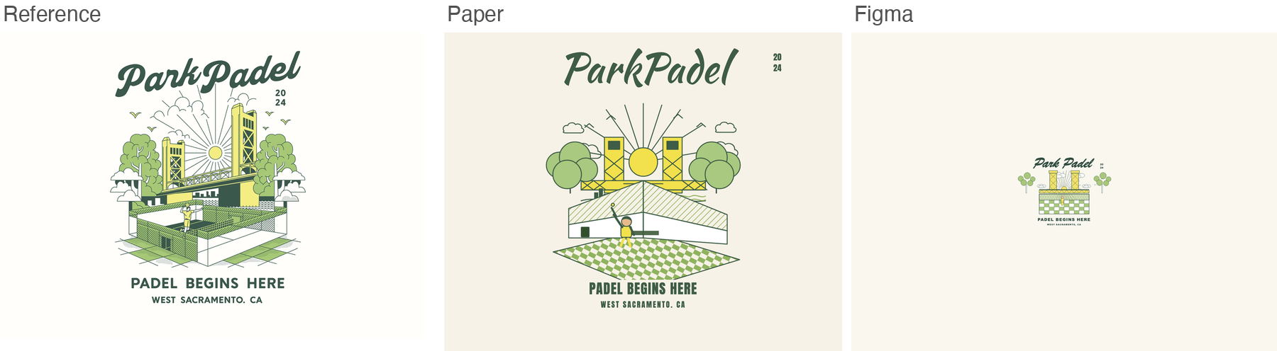 Reference poster for Park Padel, a detailed flat illustration filling the frame, next to Paper's recreation at full scale and Figma's recreation, where the artwork is reproduced but shrunk to a small badge floating in empty space